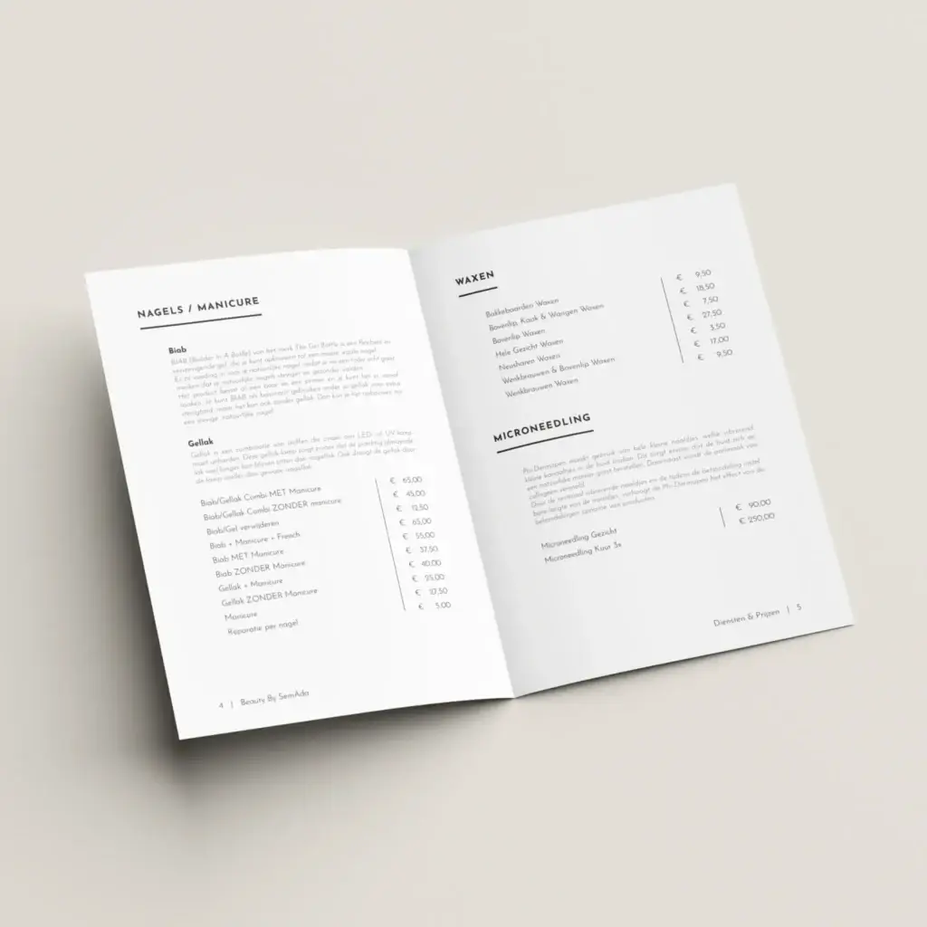 Grafisch ontwerp Beauty by SemAda in Maassluis. Folder en prijslijst.