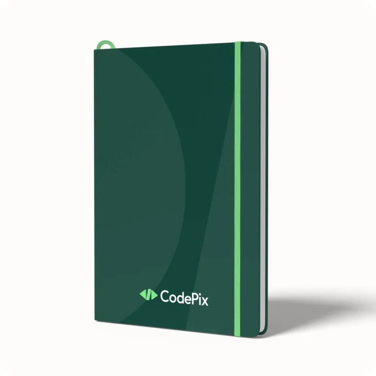 Visuele identiteit CodePix. Branding doorgevoerd op notitieboekje.