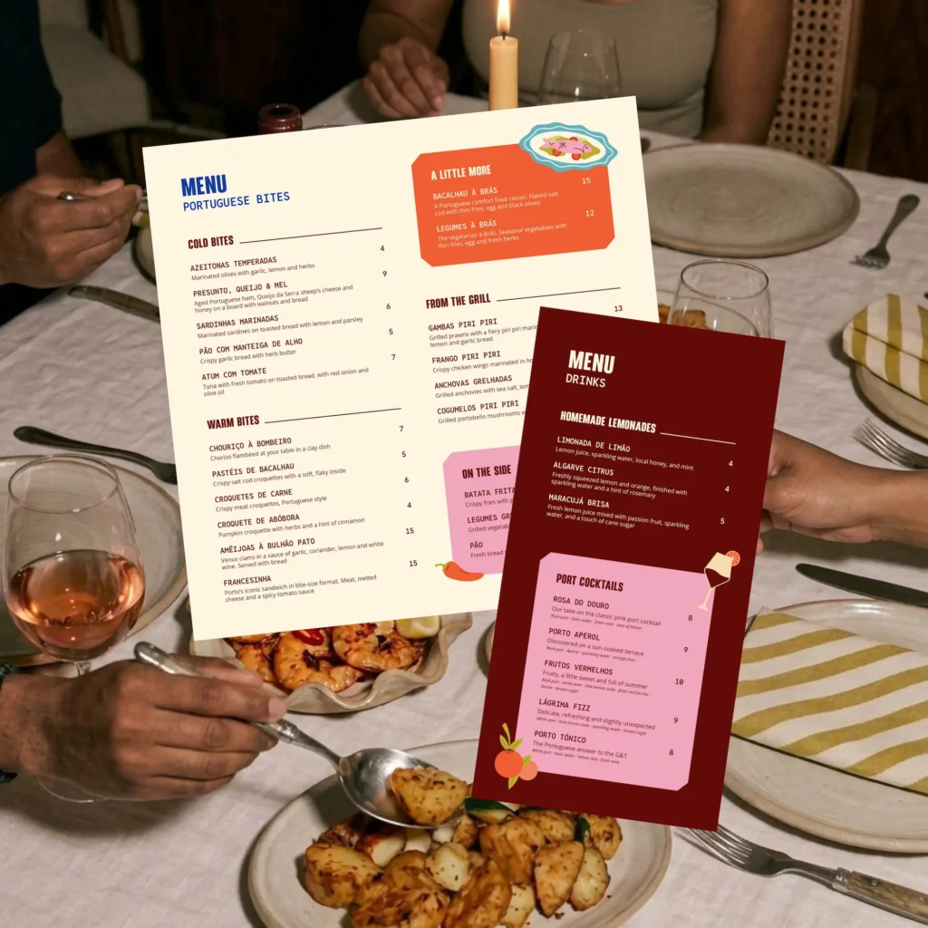 Grafisch ontwerp van menukaarten Petisco Bar - Branding Portugese wijnbar.