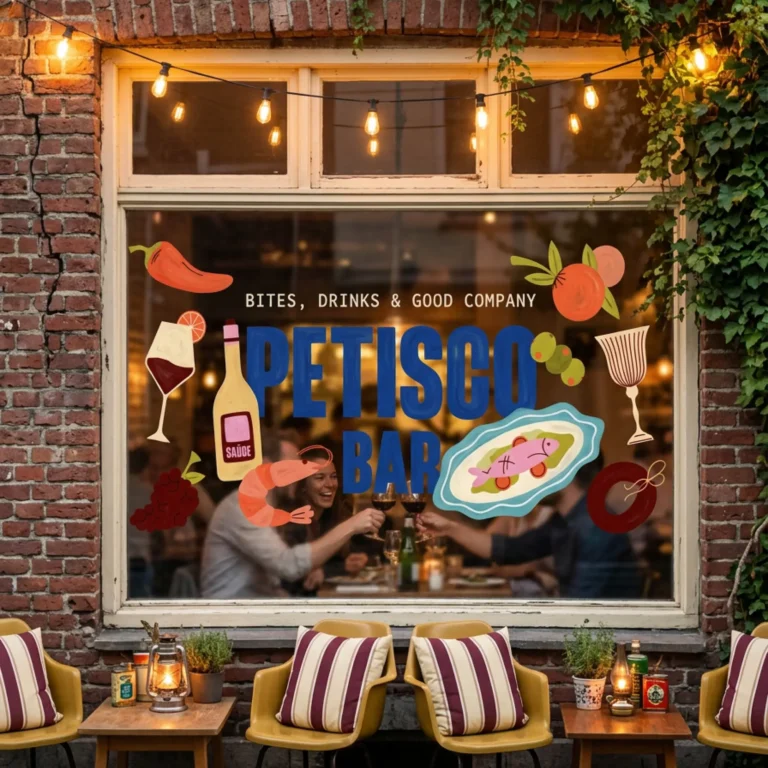 Petisco Bar logo en stijlelementen op raam van wijnbar